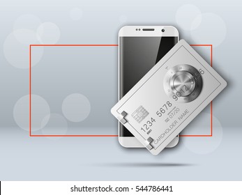 Banner with smartphone & credit card image. Advertising promo poster with phone & bank card icon. Communicator PDA with steel safe, door of a bank vault combination lock.. Vector illustration