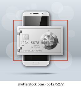 Banner with smartphone & credit card image. Advertising promo poster with phone & bank card icon. Communicator PDA with steel safe, door of a bank vault combination lock.. Vector illustration