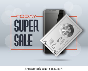 Banner with smartphone & credit card image. Advertising promo poster with phone & bank card icon. Communicator PDA with steel safe, door of a bank vault combination lock.. Vector illustration