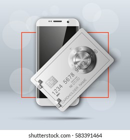 Banner with smartphone & credit card image. Advertising promo poster with phone & bank card icon. Communicator PDA with steel safe, door of a bank vault combination lock.. Vector illustration