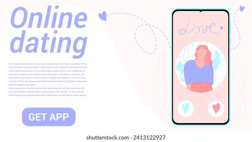 Banner with smartphone with dating app vector template. Online dating app. Search for partners online. Internet dating.