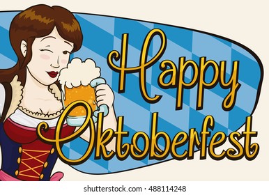 Banner with smiling beauty woman winking at you and holding a beer to celebrate Oktoberfest.