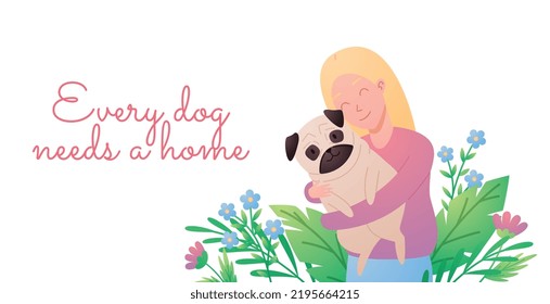 Banner with smiling blonde woman hugging pug dog flat style, vector illustration on white background. Pet owner love and care about domestic animal, friendship, happiness together