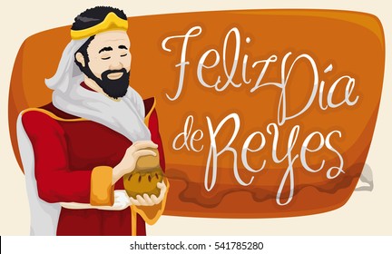 Banner with smiling Caspar Magi holding a incense gift for Baby Jesus to celebrate Spanish tradition of "Dia de Reyes" (Epiphany or Three Kings' Day).