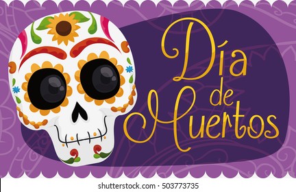 Banner with smiling colorful skull decorated with floral design for the Mexican celebration "Day of the Dead" (in Spanish: "Dia de los Muertos") over a purple tissue paper decoration.