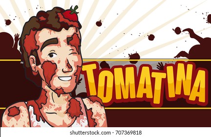 Banner with smiling man covered with tomatoes and a multitude enjoying the Tomatina Festival.