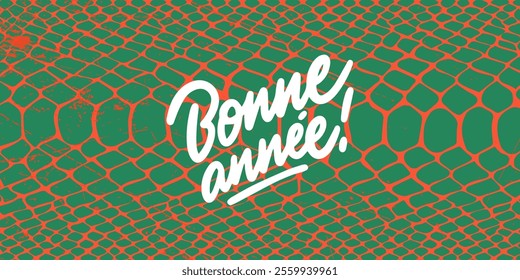 Banner with snake print and text "Bonne Annee'' Happy New Year phrase in french. The lettering is hand drawn. The background is abstract art with red and green patterns, Christmas atmosphere.