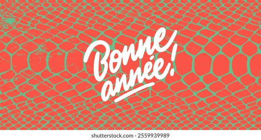 Banner with snake print and text "Bonne Annee'' Happy New Year phrase in french. The lettering is hand drawn. The background is abstract art with red and green patterns, Christmas atmosphere.