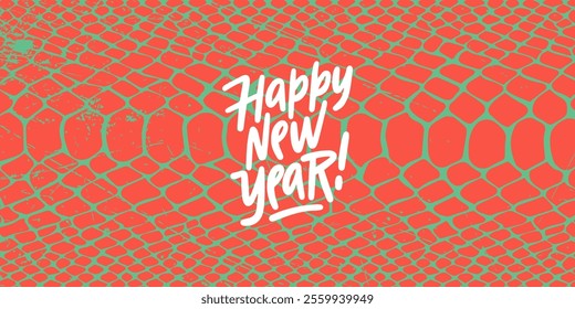 Banner with snake print and text "Happy new year". The lettering is hand drawn. The background is abstract art with red and green patterns, evoking the Christmas atmosphere.