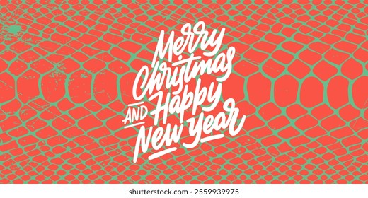 Banner with snake print and text "Merry christmas and happy new year". The lettering is hand drawn. The background is abstract art with red and green patterns, evoking the Christmas atmosphere.