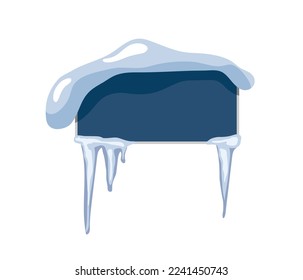 Banner mit Schneekappe und Rädern. Winterdesign-Element. Knöpfe einzeln auf weißem Hintergrund. Saisonbanner mit Kopienraum zum Schreiben, Karten, Rand. Blauer Schild, Index