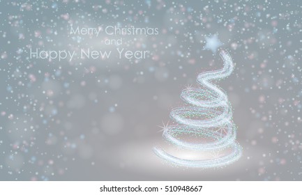 Banner with snow, stars and Christmas tree. Christmas design, decor. Vector illustration. New Year Wallpaper.