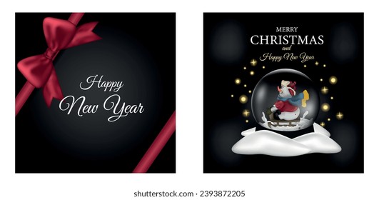 Banner with a snowman in a realistic style. Vector illustration. New Year. Snowball. Snow and snowdrifts. Xmas. Celebration and party. Lights and cheesecakes. Postcard with a bow.