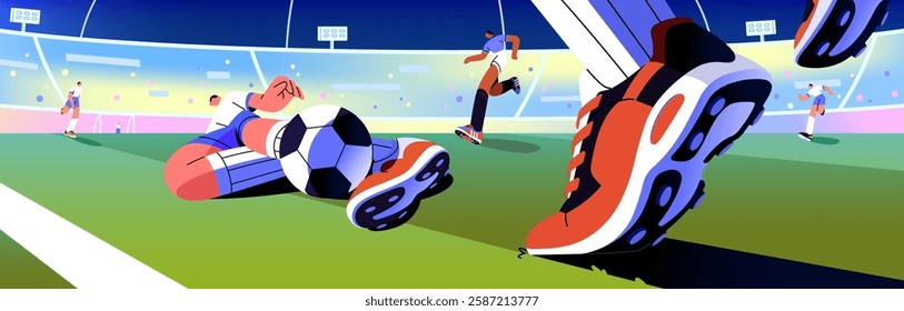 Banner of soccer match. Sportsmen play football, contest in sport stadium. Forward player passes, kick, hit ball with foot and opponent catches, bounces it. Competition. Flat vector illustration