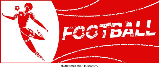 Banner with soccer player. Lettering Football with two ball. Football player in campionship. Fool color vector illustration in flat style isolated on white background.