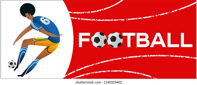 Banner with soccer player. Lettering Football with two ball. Football player in campionship. Fool color vector illustration in flat style isolated on white background.