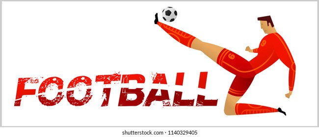 Banner with soccer player. Lettering Football with two ball. Football player in campionship. Fool color vector illustration in flat style isolated on white background.