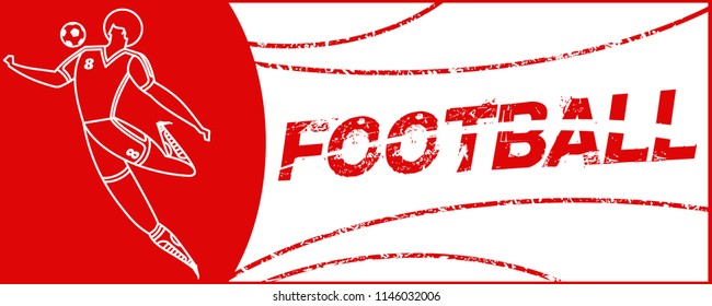 Banner with soccer player. Lettering Football with two ball. Football player in championship. Full color vector illustration in flat style isolated on white background.