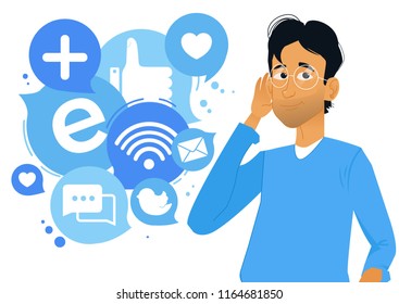 Banner Social listening. The man leaned his hand to his ear, and listens to icons. Vector flat cartoon illustration