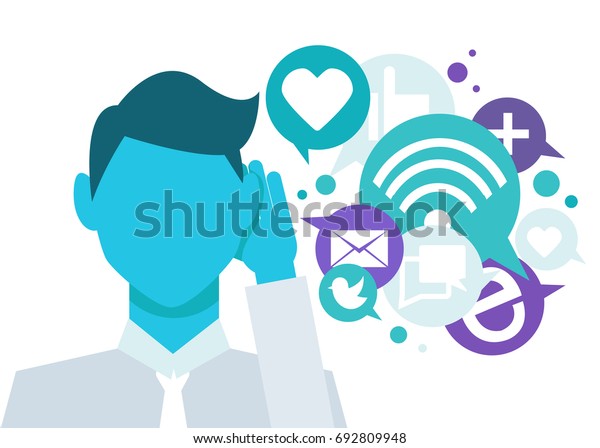 Banner Social\
listening. The man leaned his hand to his ear, and listens to\
icons. Vector lat\
illustration