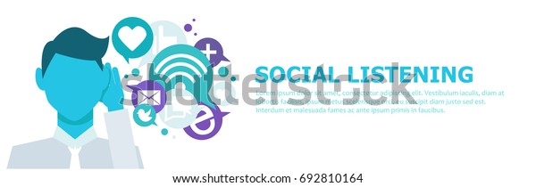 バナーのソーシャルリスニング 男は耳に手を当てて アイコンを聞いた ベクター平面イラスト のベクター画像素材 ロイヤリティフリー
