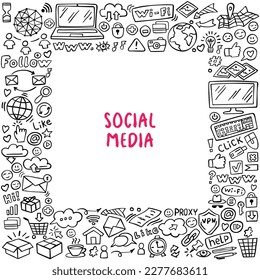 Banner of social media doodle on white background. Internet doodles. Vector illustration.
