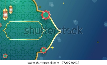 Banner and Social Media Post Design with golden dome frame, lantern lights, and bokeh blur suitable for Ramadan greeting cards, banners