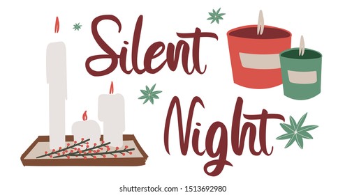 Banner for social network. Winter holidays celebration. Scandinavian, nordic style. Vector lettering composition with cozy aroma candles.  Hygge concept.