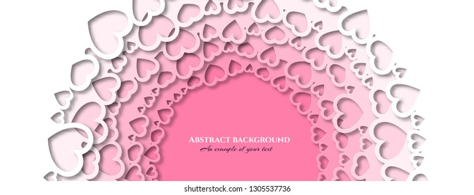 Banner for social networks caps. Delicate pink background from hearts in paper cut style. Circular design for greeting cards, wedding invitations, flyers, banners. Vector.