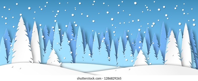 Banner for social networks caps. Winter landscape with snow. Spruce forest in the style of paper cut. Vector illustration