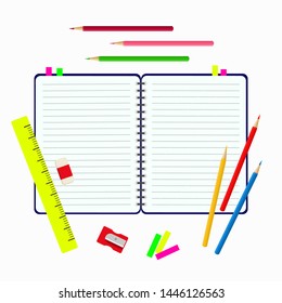 Banner for social networks with Notepad, sharpener, ruler and pencils. Vector illustration