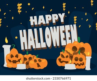 Banner for social networks, vector, color orange, white, blue. Stars, candles, fireworks at night. Happy Halloween. Party invitation.