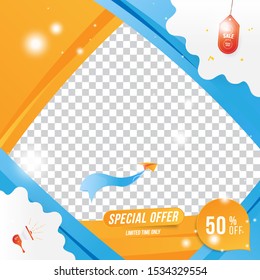 Banner for social page. Special offer Mega Sale 50% Plane with loudspeaker on the transparent background of clouds cut out of paper and glowing lights.