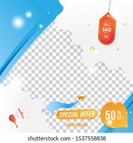 Banner for social page. Special offer Mega Sale 50% Plane with loudspeaker on the transparent background of clouds cut out of paper and glowing lights.