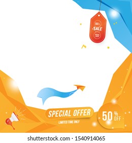 Banner for social page. Special offer Mega Sale 50% Plane with loudspeaker on the white background of clouds cut out of paper and glowing lights.