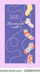 Banner with socks. Handmade work and handycraft. Sewing from wool. Warm element of clothing for winter season and cold weather. Template, layout and mock up. Cartoon flat vector illustration