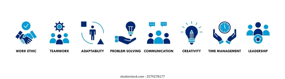 Banner of soft skills web vector illustration concept with icons of work ethic, teamwork, adaptability, problem solving, communication, creativity, time management, leadership