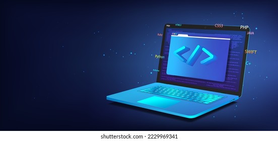 Entwicklung von Bannersoftware. 3D-Laptop mit Programmiersymbol. Web-Codierung und Software-Testkonzept. 3D-realistisches Notebook mit Browserfenstern und verschiedenen Programmiersprachen. Vektorwebbanner