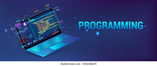 Banner Software Development. Programming, Web Site and App. Laptop with code and UI, UX interface. Development Software concept - coding, testing, usability, programming, design. Vector illustration