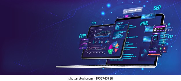 Banner Software UI and development for different devices. Business App dashboard with graph, charts, analytics data, testing platform, coding process. Software development and programming concept.