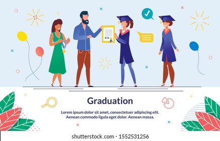 Banner Solemn Event, Graduation at University. Solemn Presentation University Graduation Documents. Woman Dress Holds Medal, next to Man with Diploma. Students are Waiting for Graduation.
