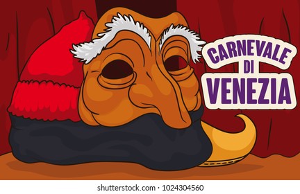 Banner with some traditional Pantalone garment: wool skullcap, mask and yellow Turkish slippers, ready for the theatre stage on Venice Carnival (written in Italian) celebration.