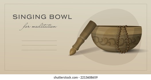 Banner for Sound Healing Meditation with Tibetan Singing bowls. Illustration about meditation, yoga studio, relaxation spa procedures.  Background with line for notes