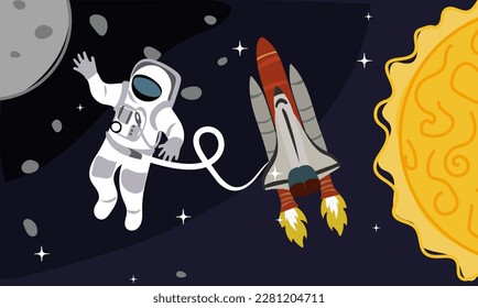 A banner with a space adventure. An astronaut in a spacesuit attached to a rocket flies against the background of the moon, sun, asteroids and stars. Adventure banner for printing holiday invitations