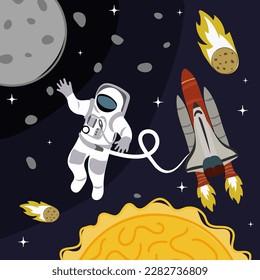 A banner with a space adventure. An astronaut in a spacesuit attached to a rocket flies against the background of the moon, sun, asteroids and stars. Adventure banner for printing holiday invitations