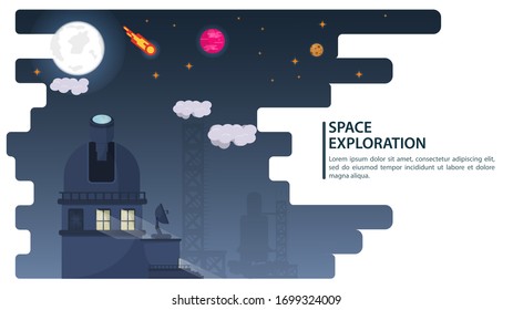 banner, space Observatory, telescope, observes planets and stars, for web and mobile design sites, flat vector illustration
