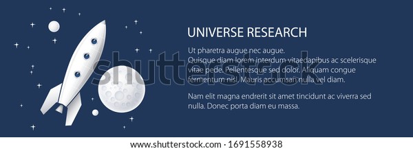 Banner with space rocket flying in space and\
text , the moon with stars, planet with craters in the universe,\
vector illustration