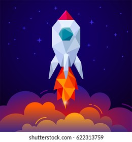 Banner with space rocket on blue stars background. Start up concept. Triangle style. eps10