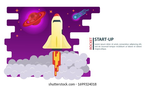 banner, space rocket, Shuttle, flying over the clouds to the stars and planets, startup concept, for web and mobile design sites, flat vector illustration