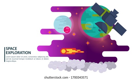 banner, space satellite, on the background of a blue planet, makes a flight, for web and mobile design sites, flat vector illustration